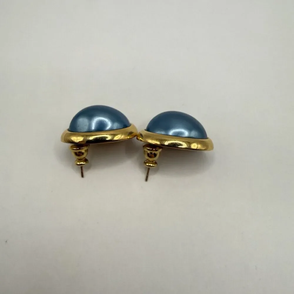Vintage Richelieu Blue Gray Faux Pearl Domed Gold Tone Stud Retro Earrings Sign
